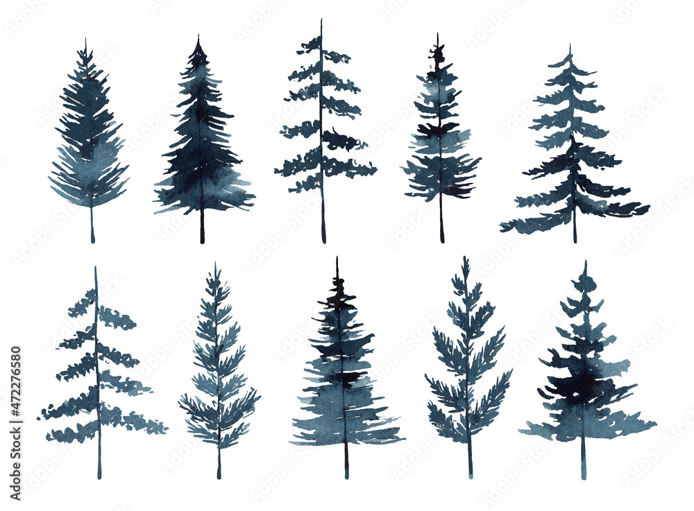 Set of watercolor pines and firs isolated on white background. Abstract silhouette trees. Perfect for holiday and Christmas designs, cards, decorations, invitations. Hand painted illustration.