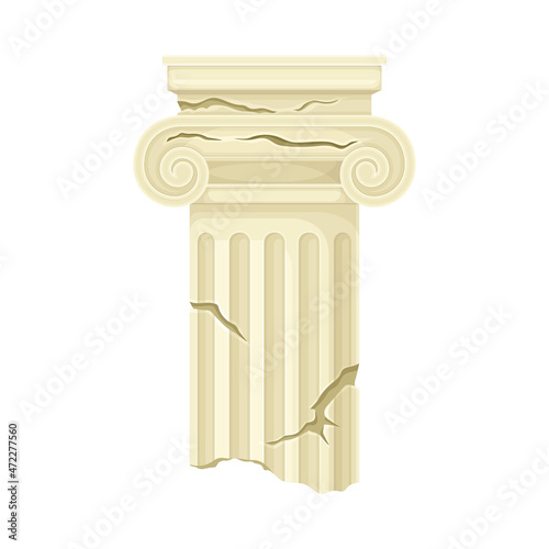 Broken marble pillar, antique stone column ruin vector illustration