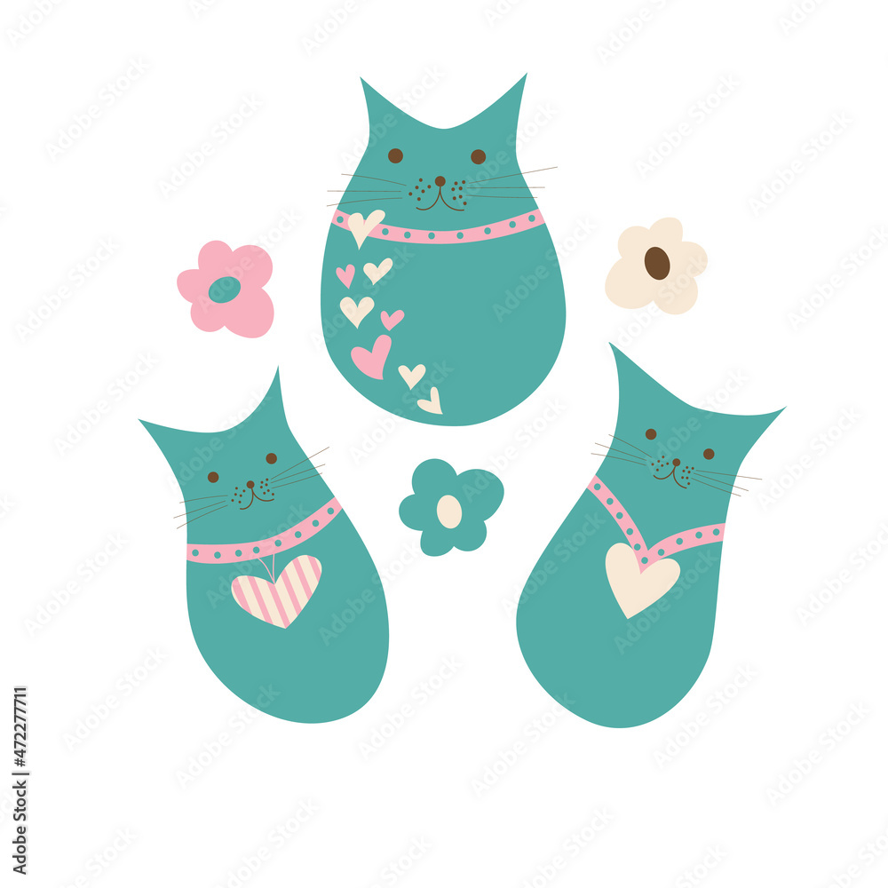 Set of Vector Illustrations of Cats with flowers and hearts. Isolated on white backgrownd