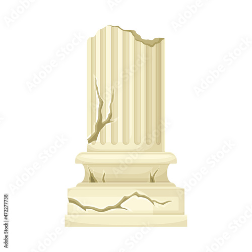 Antique broken marble pillar, stone column ruin architectural element vector illustration