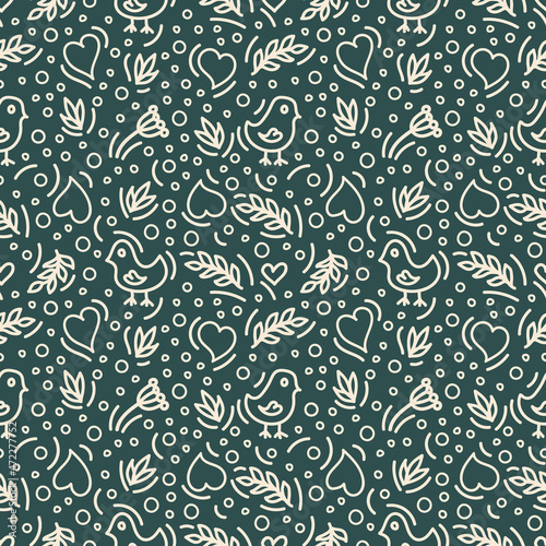 Seamless Pattern with elements in Doodle Style. Birds, Hearts, Brunches, Dots and other ivory elements on green backgrownd for invitations, fabric, decor