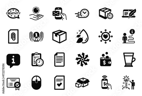 Vector Set of simple icons related to Computer mouse, Packing boxes and Parcel icons. Checked file, Latte and Dating network signs. Messenger mail, Laureate award and Water drop. File. Vector