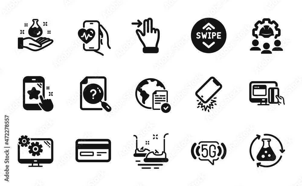 Vector set of Chemistry experiment, Settings and Engineering team icons simple set. Swipe up, Bumper cars and Smartphone broken icons. Chemistry lab, Touchscreen gesture and 5g wifi signs. Vector