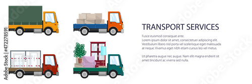 Colorful small trucks with different loads , empty and covered trucks, lorries with furniture and windows, delivery services banner, transport services and logistics, vector illustration