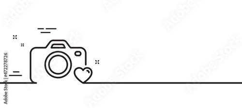 Photo camera line icon. Love photography sign. Heart symbol. Minimal line illustration background. Photo camera line icon pattern banner. White web template concept. Vector