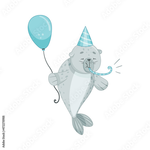 Cute baby seal in party hat holding inflatable balloon. Funny adorable arctic animal character cartoon vector illustration