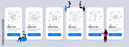 Business icons set. UI phone app screens with teamwork. Included icon as Wineglass, Edit document, Medical vaccination signs. Mobile like, Speakers, Business vision line icons. Vector