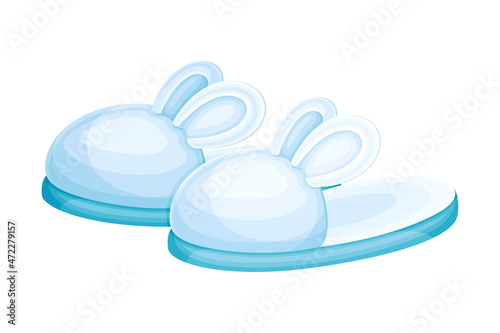 Pair of fuzzy rabbit slippers, soft comfortable textile footwear for home, flip flops shoes cartoon vector illustration