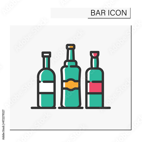 Alcohol bottles color icon. Party drinks. Restaurant, night club, bar menu. Wine, whiskey, tequila or vodka bottles. Cocktail party and drinking establishment concept. Isolated vector illustration