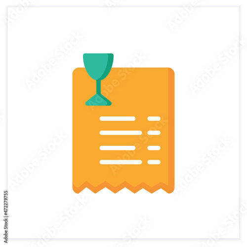 Bar bill flat icon. Paper shop receipt. Alcohol store. Payment. Restaurant, pub, bar bill. Cocktail party and drinking establishment concept. 3d vector illustration