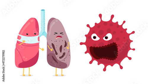 Healthy lung character wearing face mask and sick unhealthy lungs with coronavirus infection. Human respiratory system internal organ with pneumonia. Vaccine protect infected COVID-19 disease. Vector