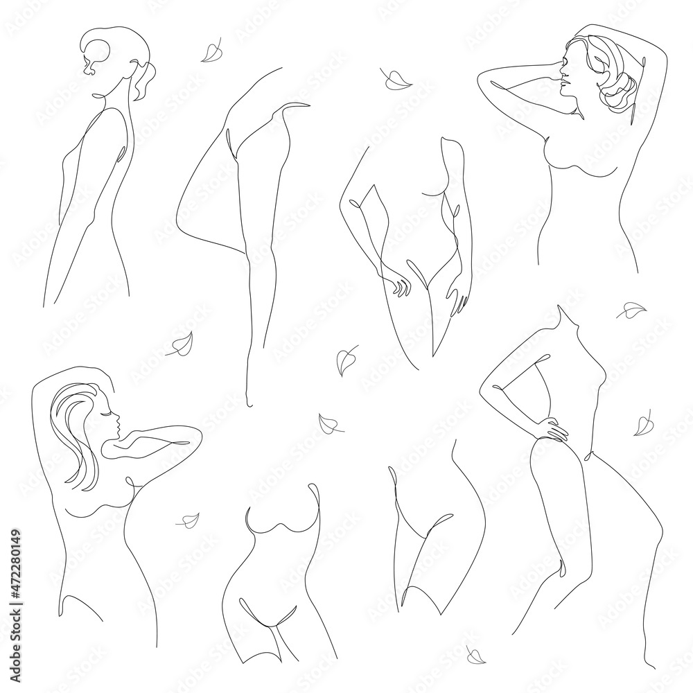 Collection. Silhouettes of the figure of a girl and a leaf of a plant in a modern one-line style. Solid line, aesthetic outline for home decor, posters, stickers, logo. Vector illustration set. Collection. Silhouettes of the figure of a girl and a leaf of a plant in a modern one-line style. Solid line, aesthetic outline for home decor, posters, stickers, logo. Vector illustration set.