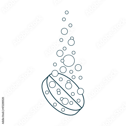 Dissolve effervescent tablet with bubbles, fizzy drug, line art. Dissolution process. Medication treatment. Vector