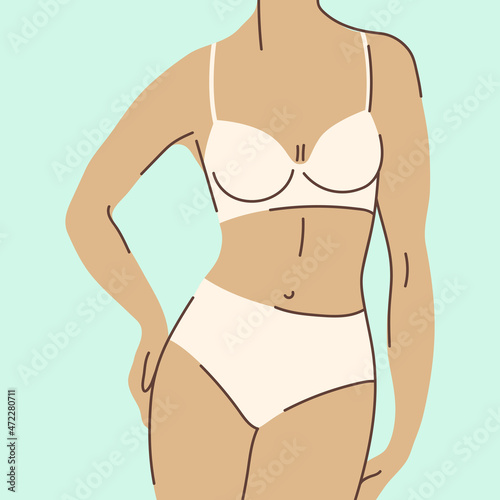 Illustration of pretty woman in beautiful lingerie. Bra and panties set. Abstract figure.