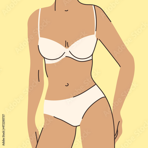 Illustration of pretty woman in beautiful lingerie. Bra and panties set. Abstract figure.