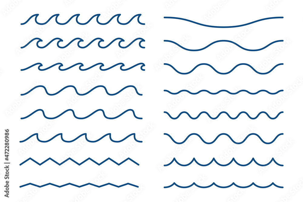Blue wave line and wavy zigzag seamless pattern lines isolated on white background. Vector illustration with editable stroke
