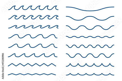 Blue wave line and wavy zigzag seamless pattern lines isolated on white background. Vector illustration with editable stroke