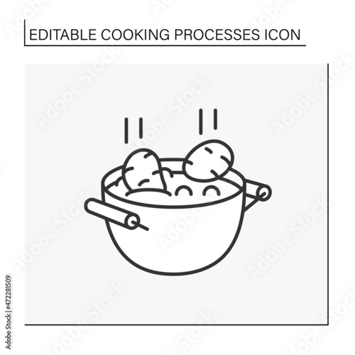 Potato line icon. Boiled potatoes in pot. Tasty food. Cooking process concept. Isolated vector illustration.Editable stroke
