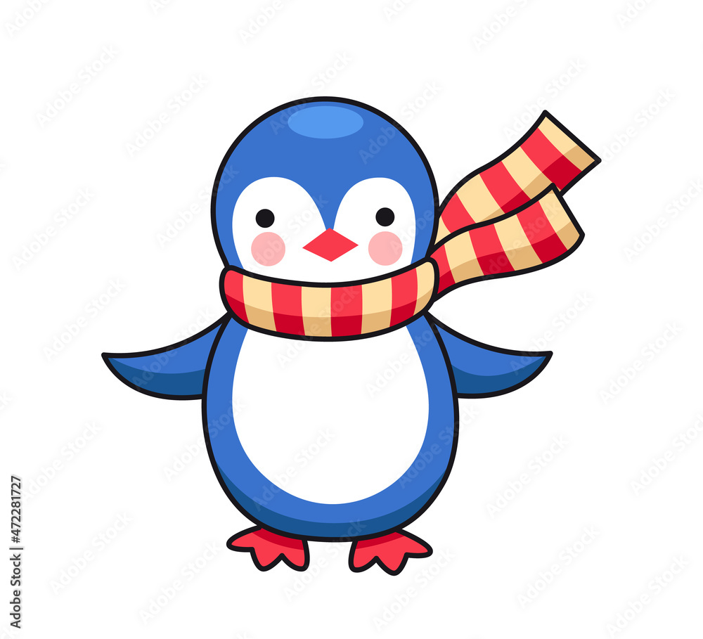 Cute little penguin in striped scarf. Kawaii cartoon character. Colored  vector illustration for pin, sticker patch, badge, greeting card, postcard.  Stock Vector | Adobe Stock