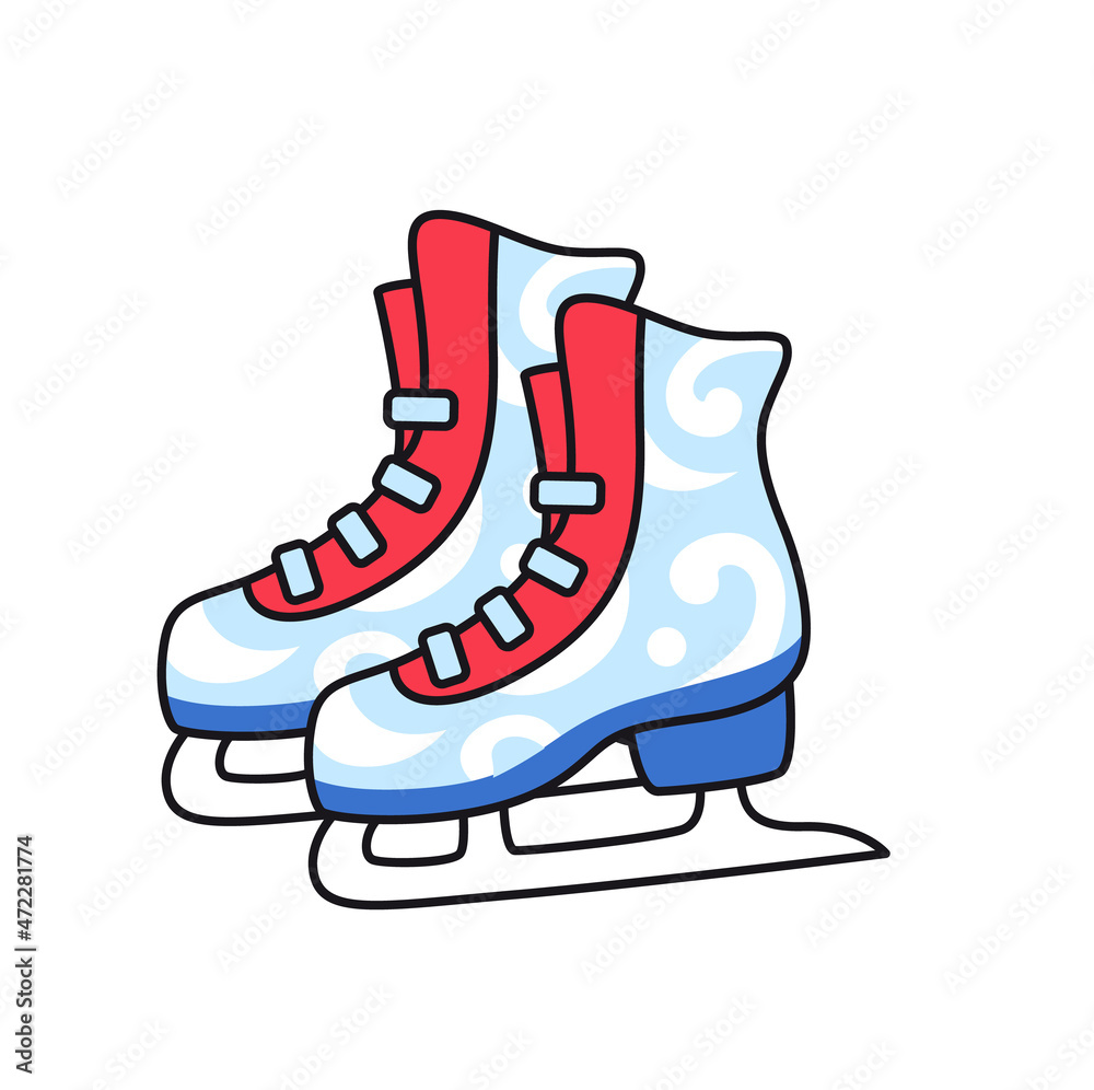 Figure skates with ornament, winter sports shoes. Ice skating equipment. Colored vector illustration for print, pin, sticker, badge. Figure skates with ornament, winter sports shoes. Ice skating equipment. Colored vector illustration for print, pin, sticker, badge.