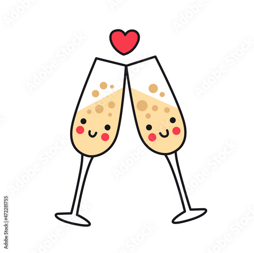 Pair of champagne flutes. Symbol of new year celebration, love and christmas. Cute glasses with drink. Vector isolated colored illustration for menu, print, postcard.