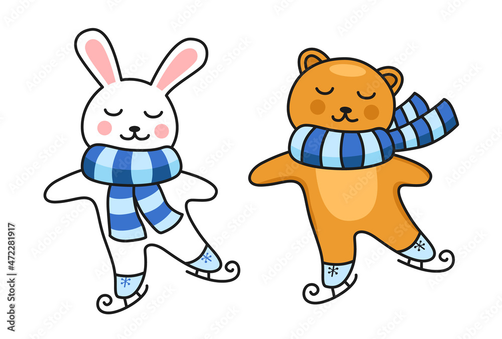 Ice skating rabbit and bear. Bunny in striped scarf. Cute cartoon funny character. Colored vector illustration for pin, sticker patch, badge, greeting card, postcard. Ice skating rabbit and bear. Bunny in striped scarf. Cute cartoon funny character. Colored vector illustration for pin, sticker patch, badge, greeting card, postcard.