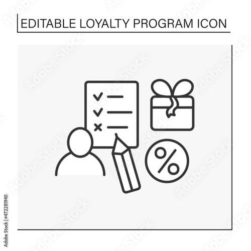 Questionnaire line icon.Survey for customers to receive discounts and gifts from brands. Present box. Shopping concept. Isolated vector illustration. Editable stroke