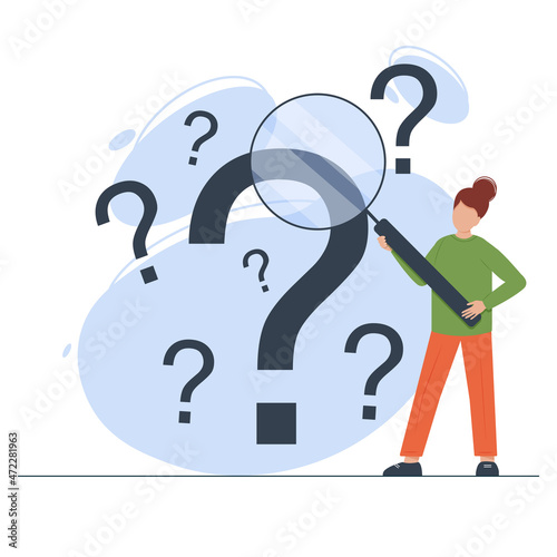 Woman holds magnifying glass and looks through it at interrogation points floating around. Business solution, problem solving and FAQ concept. Flat vector illustration.