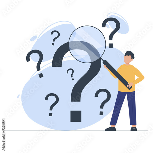 Man aims the magnifying glass at the question marks floating in the air. Problem analysis, research, find solution or answers on frequently asked questions. Vector illustration in flat style.