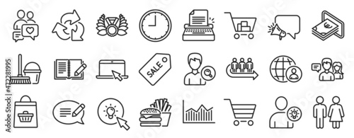 Set of line icons, such as User idea, Sale ticket, Laureate medal icons. Feedback, Search people, Time signs. Money diagram, Megaphone, Online buying. People talking, Dating chat, Message. Vector