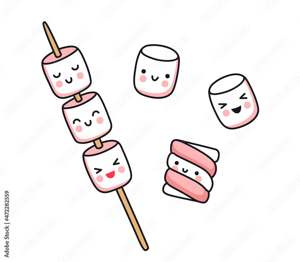 Cute little marshmallows on stick and striped marshmallow. Pink and