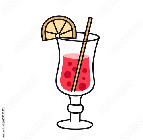 Mulled wine drink. Traditional hot winter drink in a glass goblet with slice of lemon. Vector isolated colored illustration for print, postcard, menu.