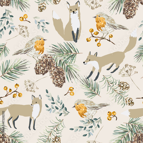 Christmas seamless pattern  robin birds  fox animal  berries  fir twigs  cedar cones  beige background. Vector illustration. Nature design. Season greeting. Winter Xmas holidays