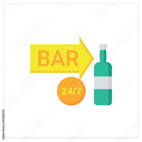 Night bar flat icon. Around the clock. Bright neon signboard. Advertisement, pointer. Night luminous billboard. Cocktail party and drinking establishment concept. 3d vector illustration