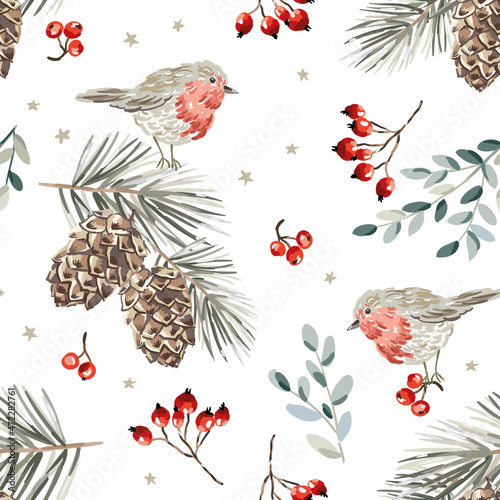 Christmas seamless pattern, robin birds, red berries, fir twigs, cedar cones, stars, white background. Vector illustration. Nature design. Season greeting. Winter Xmas holidays