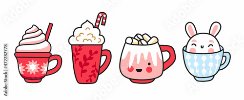 Irish coffee with whipped cream, latte with marshmallows, cacao drinks, bunny in mug. Collection of traditional hot winter beverages. Vector isolated colored illustration for menu, print, postcard.