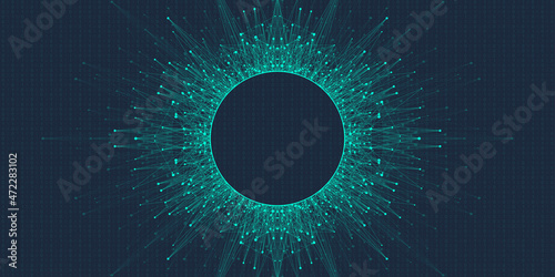 Quantum computer technology banner design template concept, gravitational wave. Deep learning artificial intelligence. Big data algorithms visualization for business, science, technology illustration.