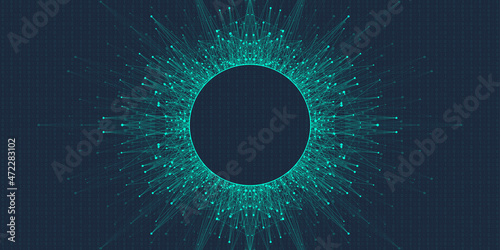 Quantum computer technology banner design template concept, gravitational wave. Deep learning artificial intelligence. Big data algorithms visualization for business, science, technology illustration. photo