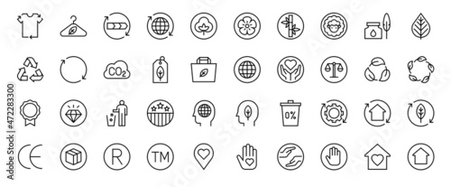 Slow fashion label line icon set, vector illustration