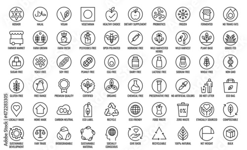 Organic food label line icon set with name, vector illustration