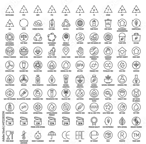 Natural cosmetic label line icon set with name, vector illustration