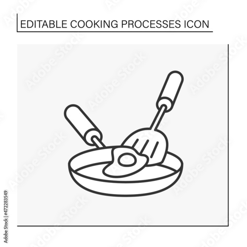 Food line icon. Breaking eggs into small frying pan. Fried egg recipe. Spade throws food. Breakfast dish. Cooking process concept. Isolated vector illustration.Editable stroke