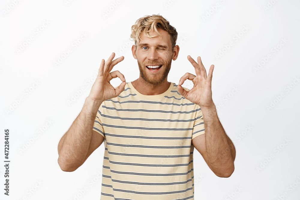 Smiling handsome guy showing okay signs and winking, approve something, praise and compliment, standing over white background Smiling handsome guy showing okay signs and winking, approve something, praise and compliment, standing over white background
