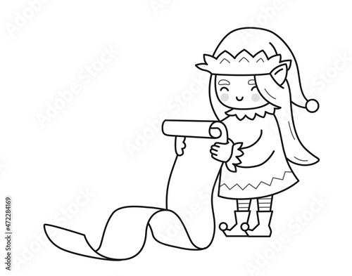 Christmas elf girl with scroll of gifts. Female cartoon character. Funny cute outline illustration. Vector isolated emblem for logo, coloring book, tattoo, print.
