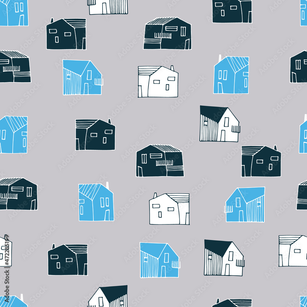 Seamless pattern with small detached, single-family houses on blue background for surface design and other design projects
