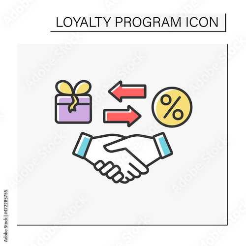 Offer color icon. Deal between brand and customer. Handshake. Present box and discount for customers. Attracting new clients.Shopping concept. Isolated vector illustration