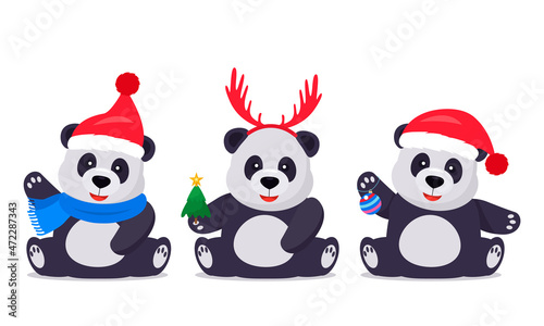 set of chinese christmas pandas in santa hat, deer antlers with fir tree and christmas ball. © Higher than clouds