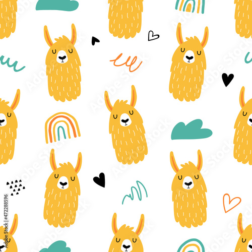 Seamless pattern with funny llamas or alpacas in hand drawn style. Great for textiles, stickers, cards, poster, wallpaper, wrapping paper. Isolated on white background vector illustration