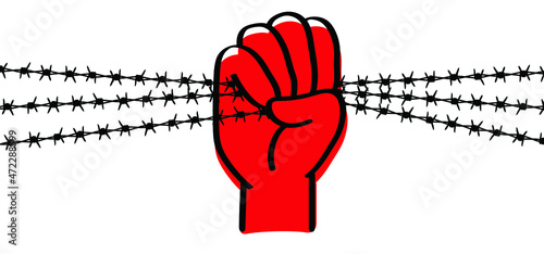 Protest symbol. World refugee day, Cartoon hand holding barb wire. Clenched fist with barbed wire, resistance and revolution symbol. No more slavery. Day of abolitionism. Abolition. Vector freedom Red