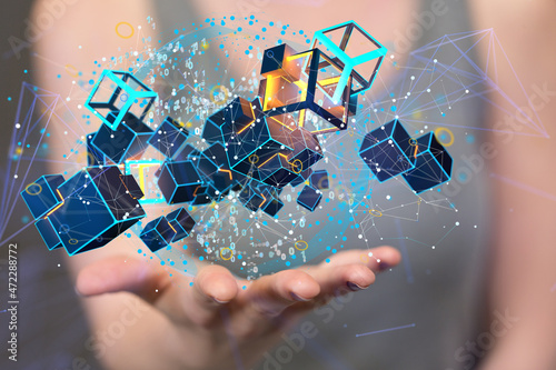 Augmented Analytics Data cloud storage network from lines, triangles and particle style design. Illustration